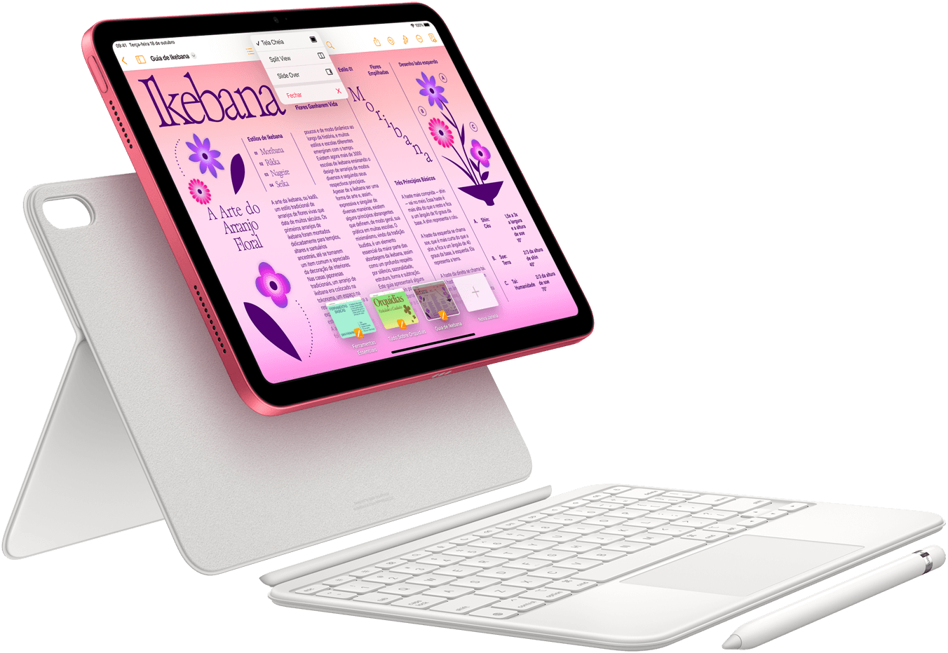 Imagem do iPad com Magic Keyboard Folio e Apple Pencil.