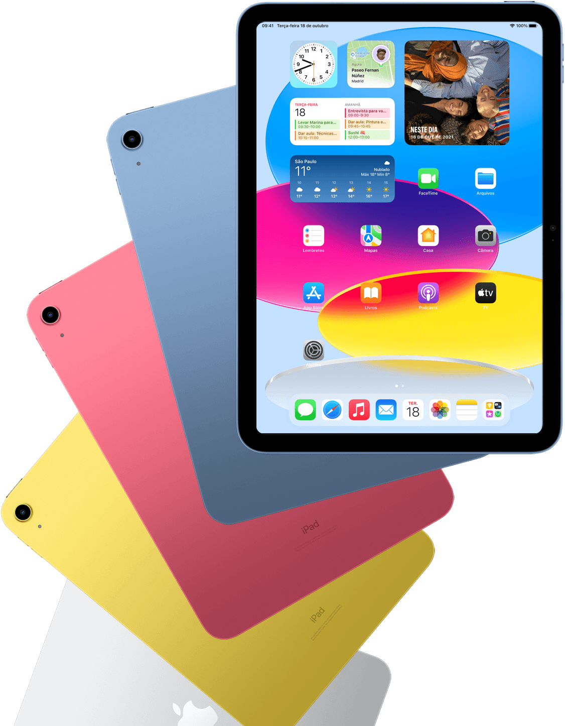 Imagem da parte da frente de um iPad que mostra a tela de Início com o verso de outros aparelhos iPad atrás dele em azul, rosa, amarelo e prateado.