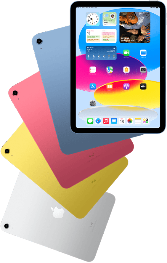 Imagem da parte da frente de um iPad que mostra a tela de Início com o verso de outros aparelhos iPad atrás dele em azul, rosa, amarelo e prateado.