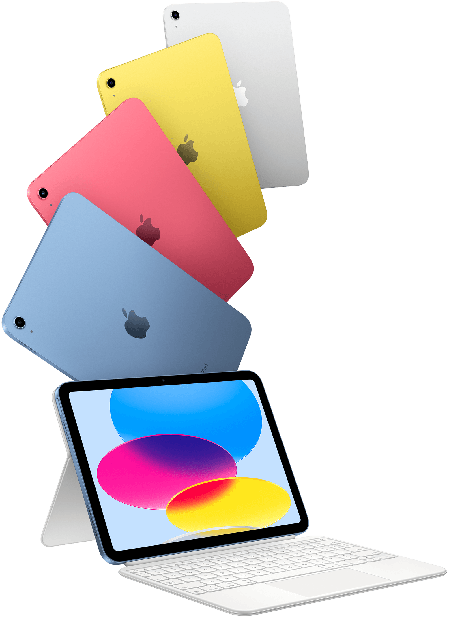 Modelos do iPad em azul, rosa, amarelo e prateado. Um iPad está conectado ao Magic Keyboard Folio.