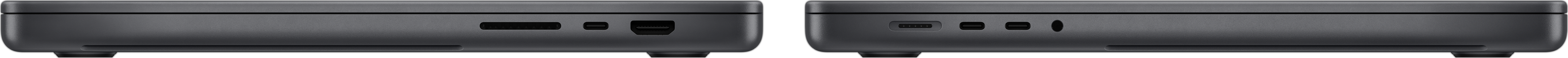 Imagem da lateral do MacBook Pro que mostra o slot para cartão SDXC, três portas Thunderbolt 4, a porta HDMI, a porta MagSafe 3 para recarga e a entrada para fones de ouvido.
